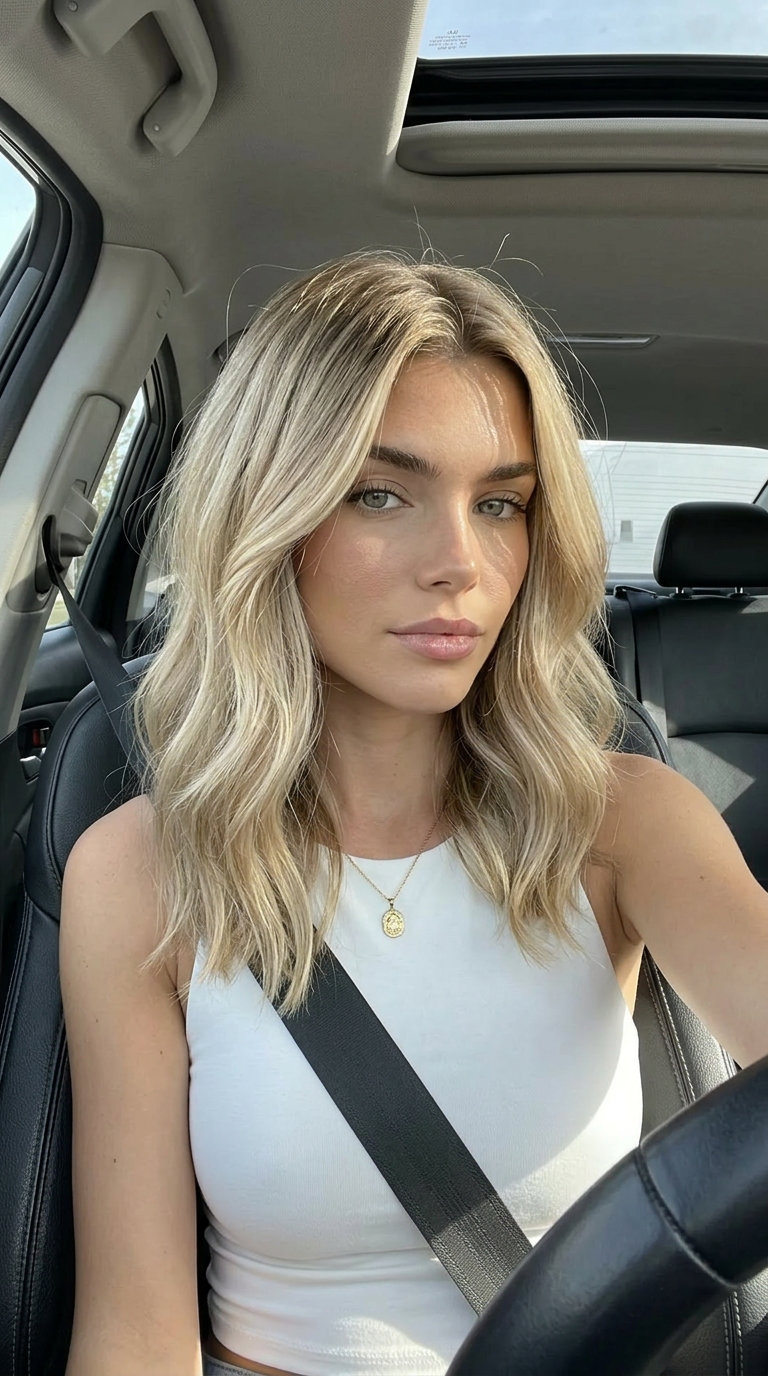 long beige blonde hair color with cool ash, color melt technique — effortless chic look