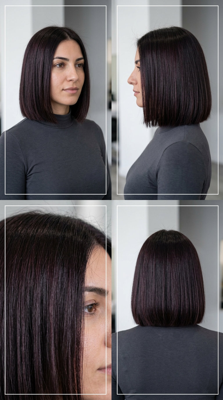 chin-length blunt bob rose brunette with deep magenta reflects, sharp perimeter — bold, vampy