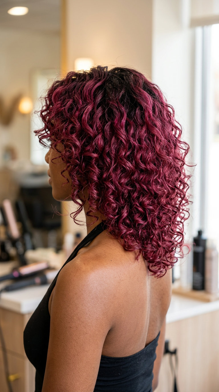 medium curly rose brunette with point-cut layers, face-framing curls — bold, vibrant