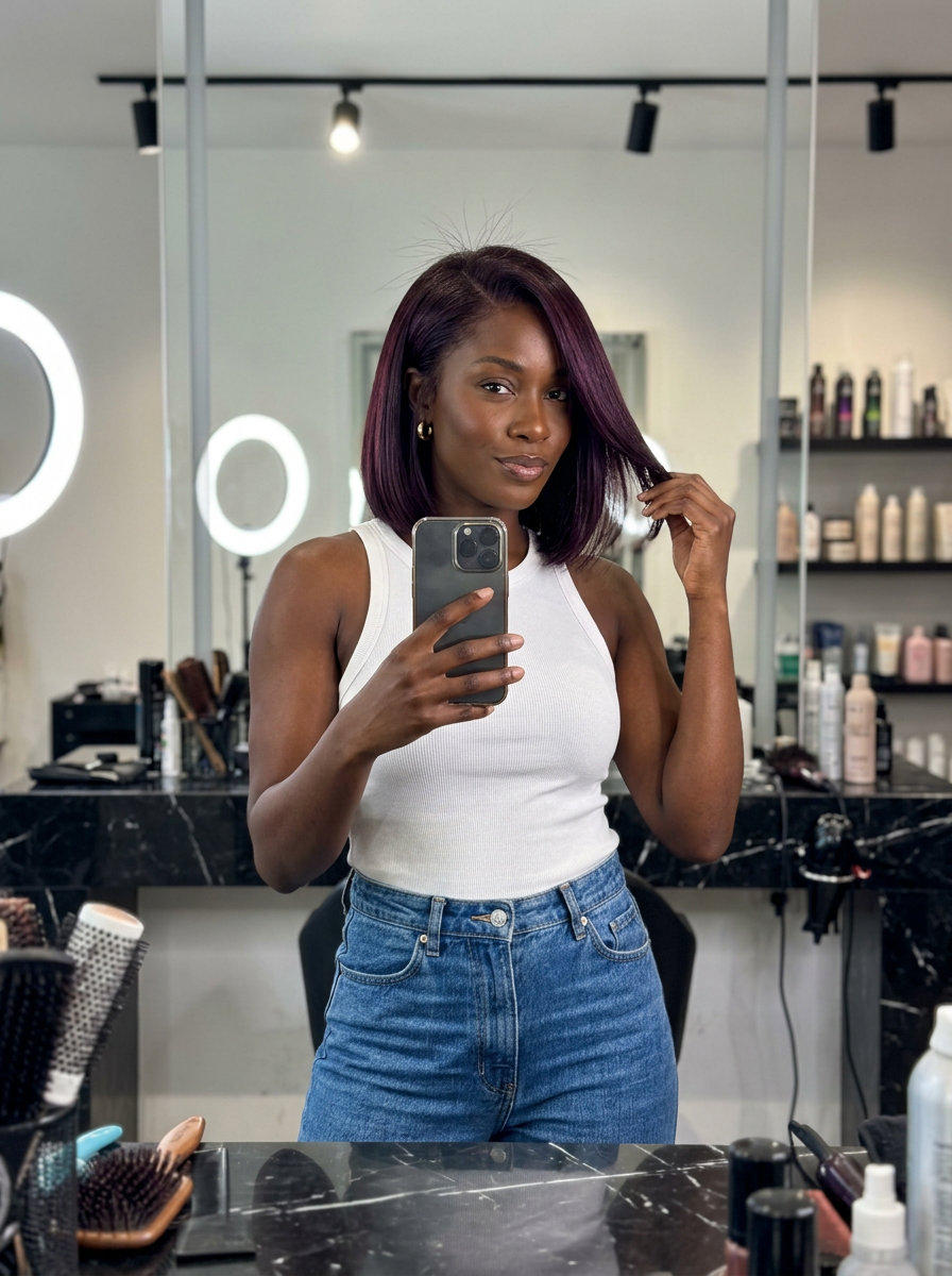 long black cherry blunt bob with violet-red reflections, glass hair finish, no fringe — sophisticated summer look