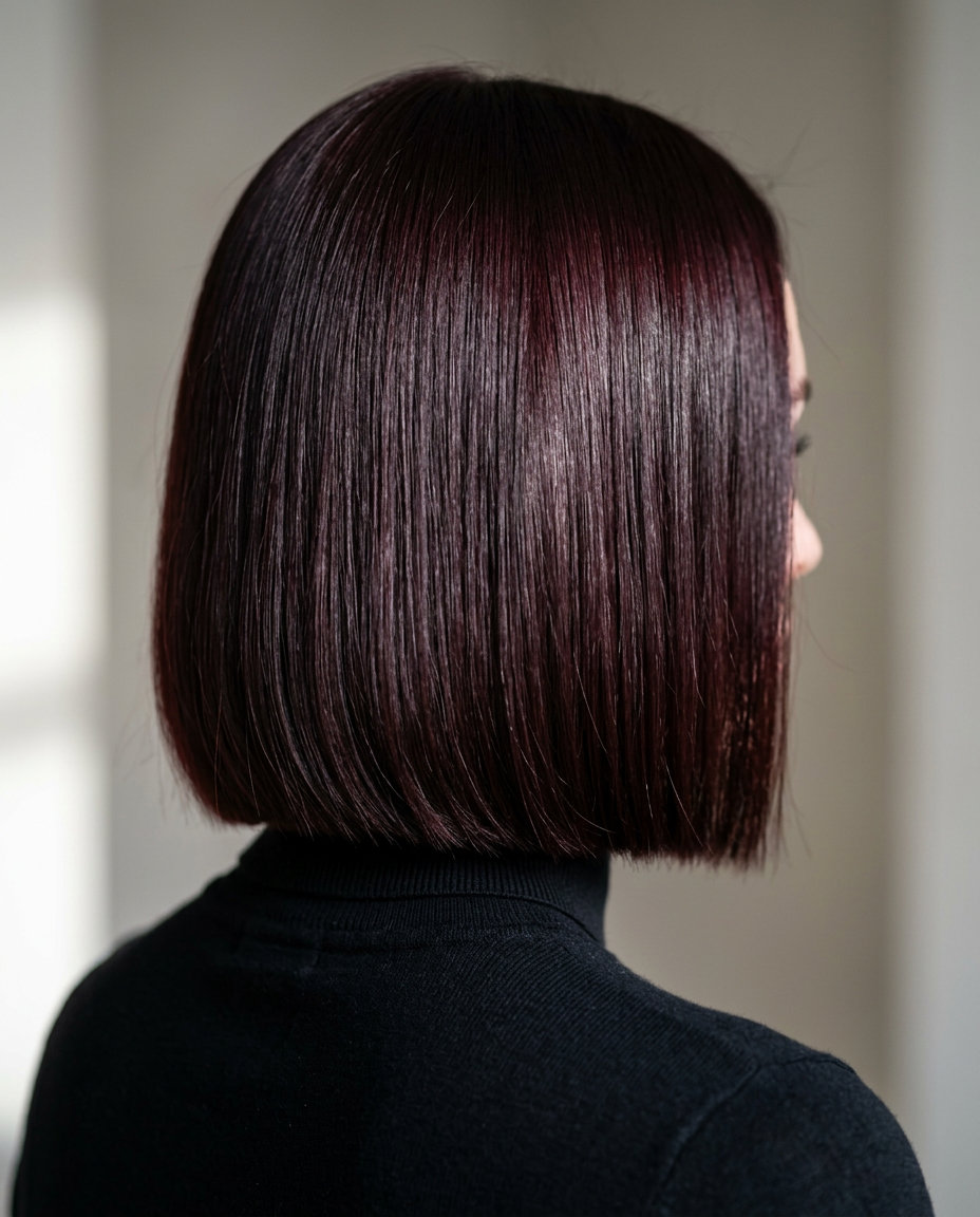 long black cherry blunt bob with violet-red reflections, glass hair finish, no fringe — sophisticated summer look