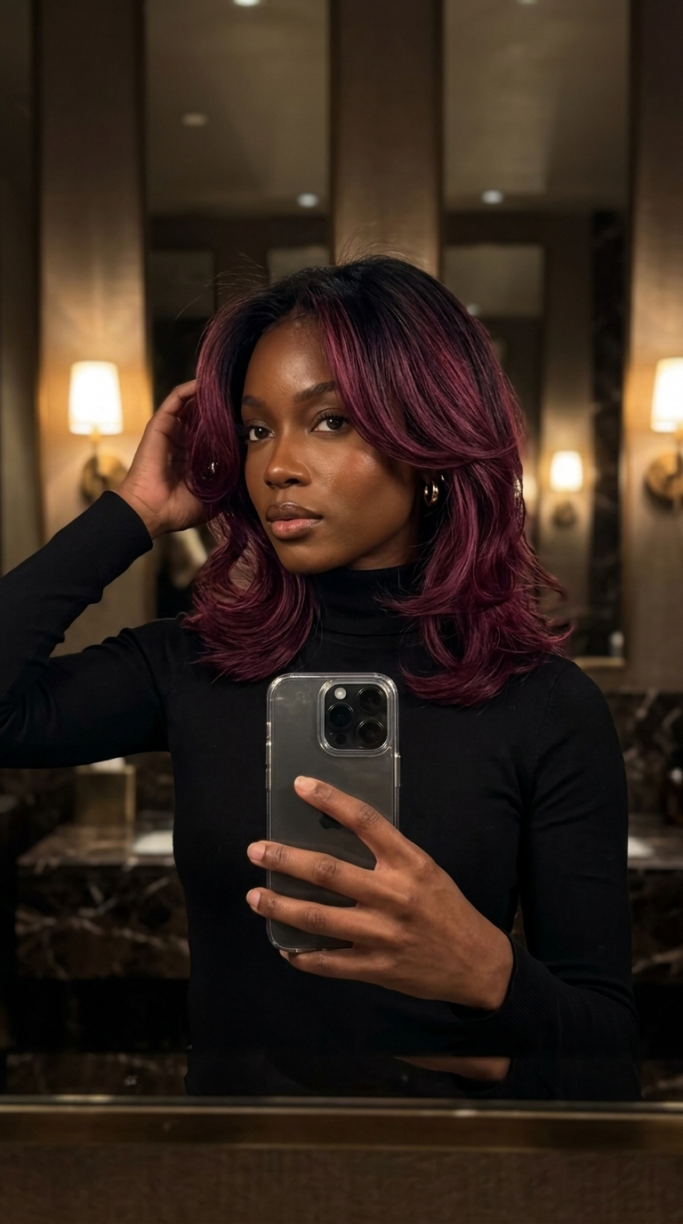 long layered haircut with black cherry high contrast midnight brunette, striking blend, no fringe — dramatic