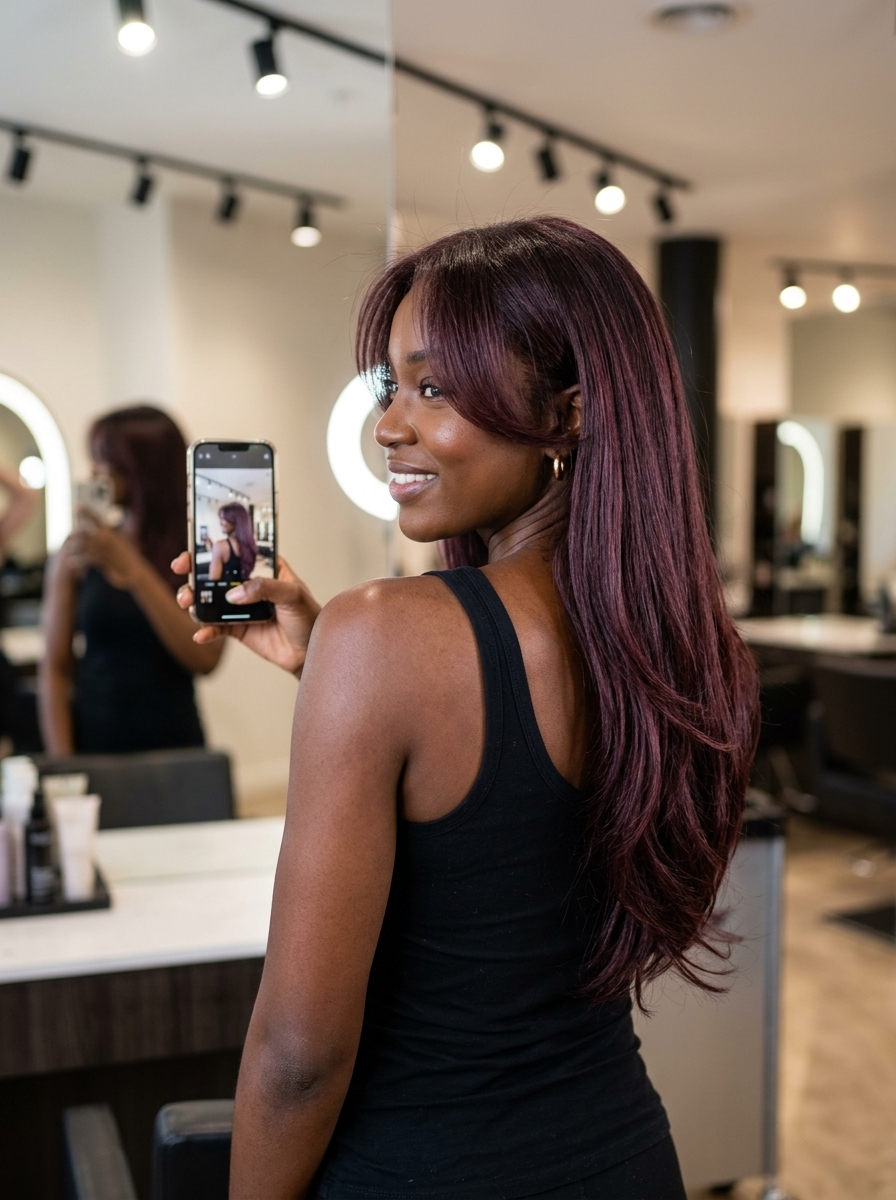 Long layered hair with black cherry rose brunette, magenta-rose reflects, V-cut back — elegant
