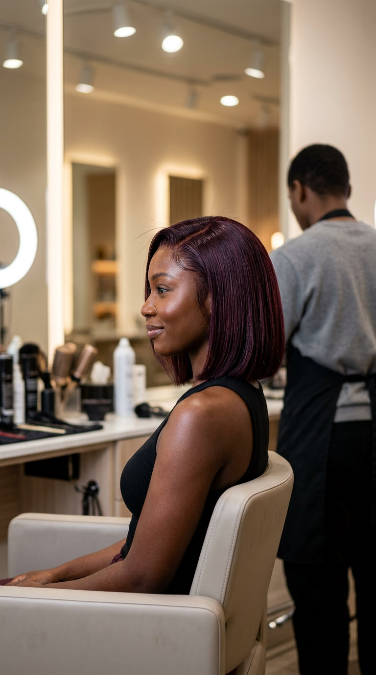 short blunt bob burgundy haircut with black cherry glaze and high shine for polished looks