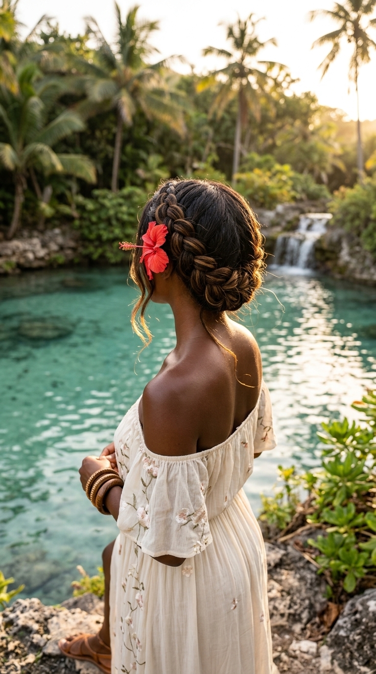 long black crown braid with floral accents for cute summer hairstyle black women 2026