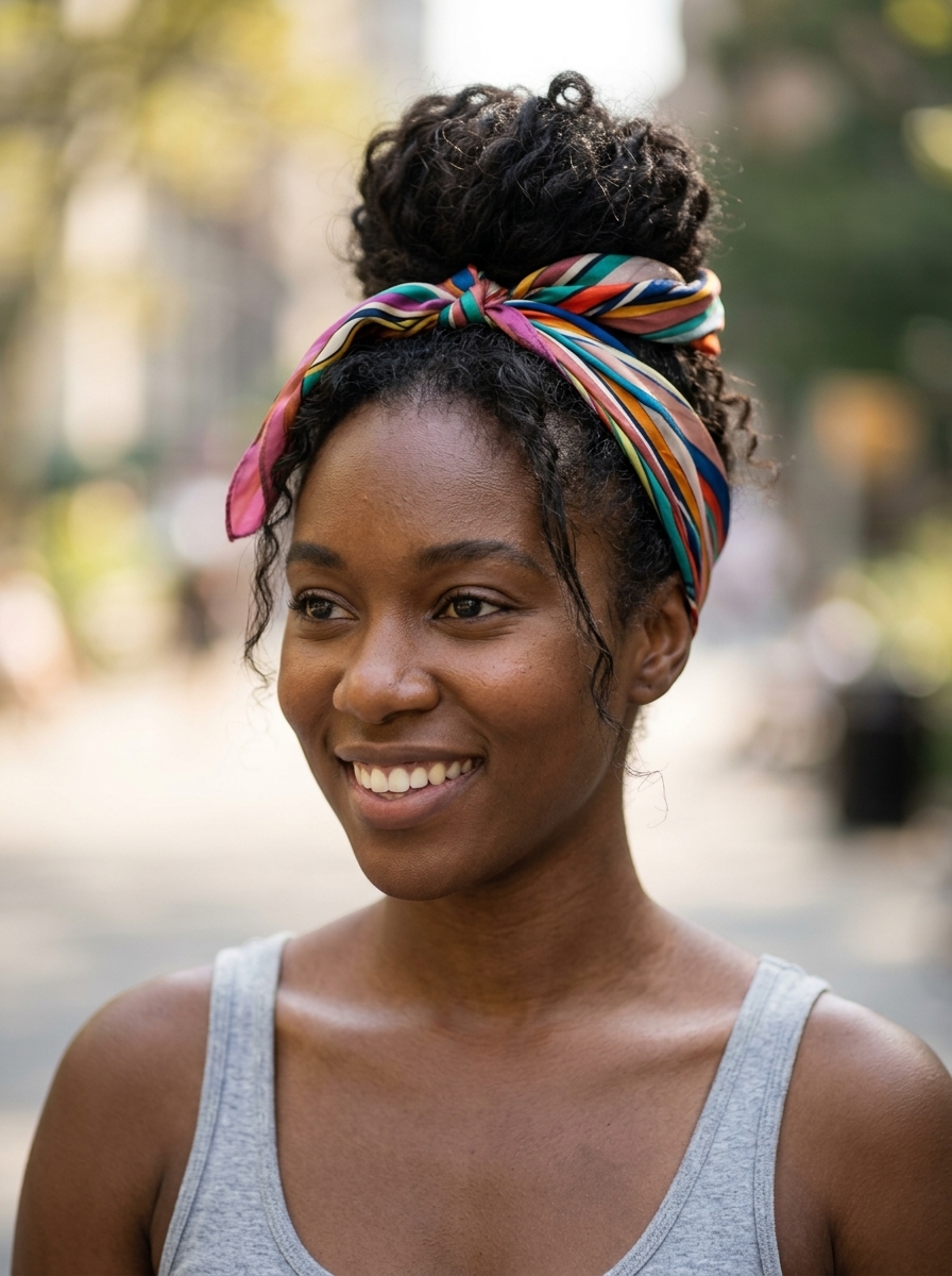 long black effortless bun with vibrant silk scarf for cute summer hairstyle black women 2026