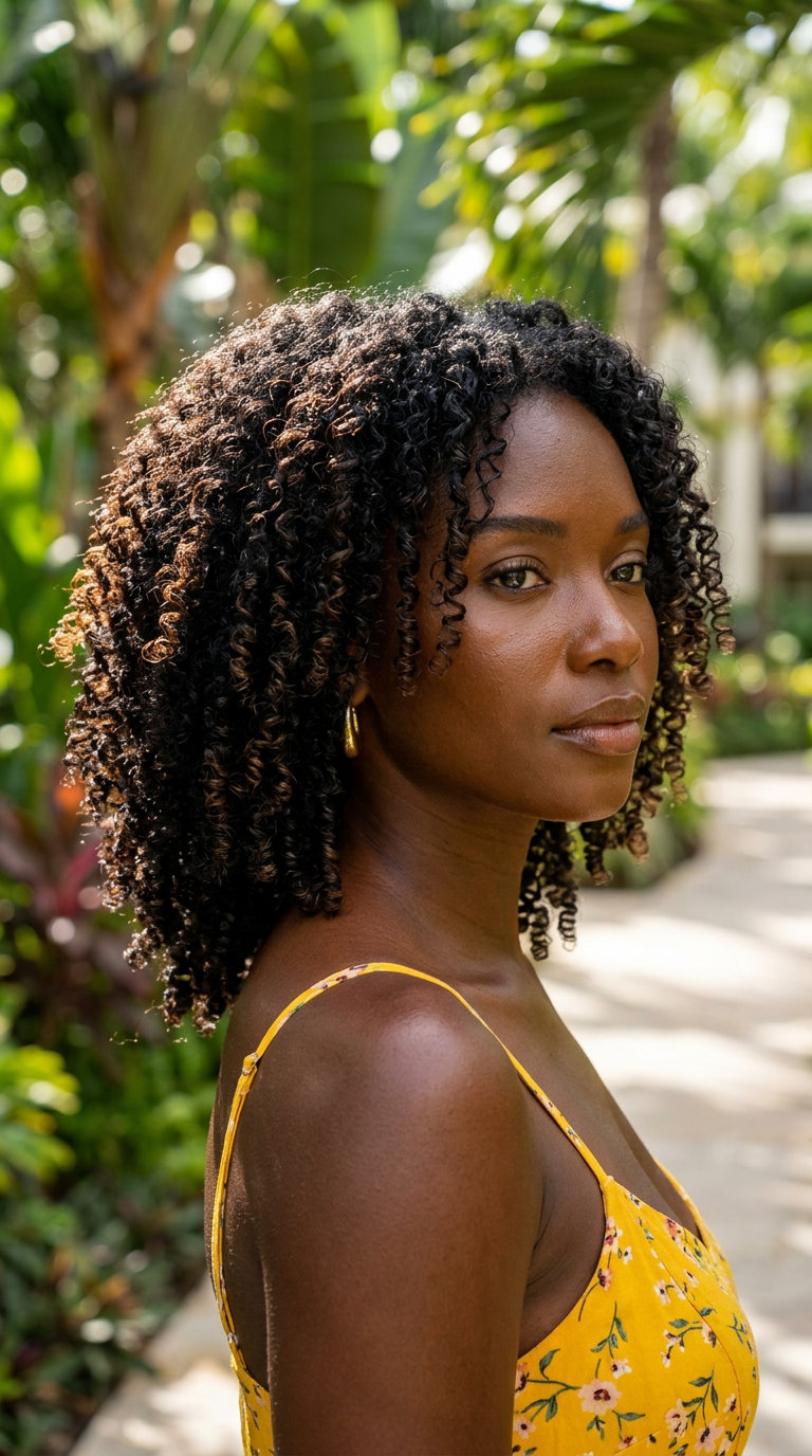 long natural black coils with chocolate brown accents, botanical gel definition, no fringe — soft, vibrant summer style