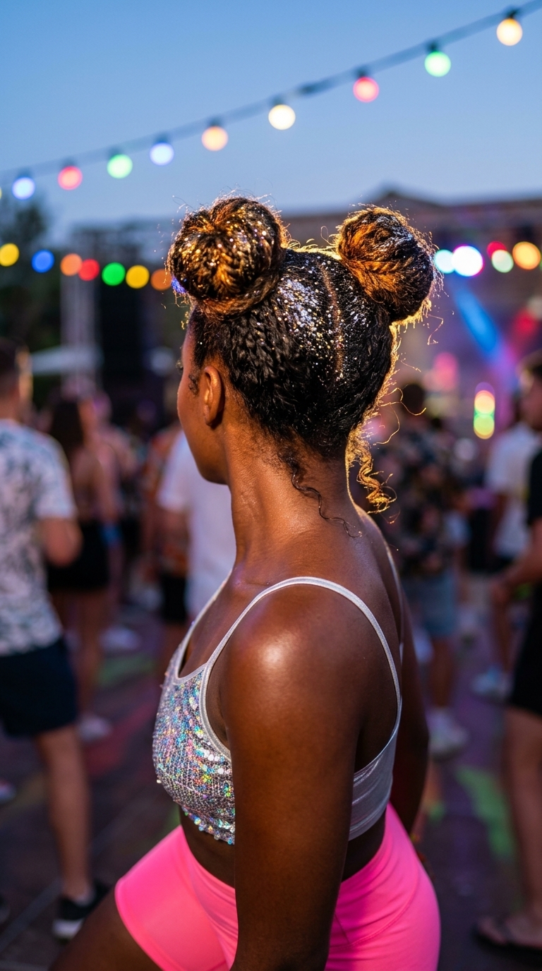 long space buns hairstyle with natural black and glitter, playful, for summer