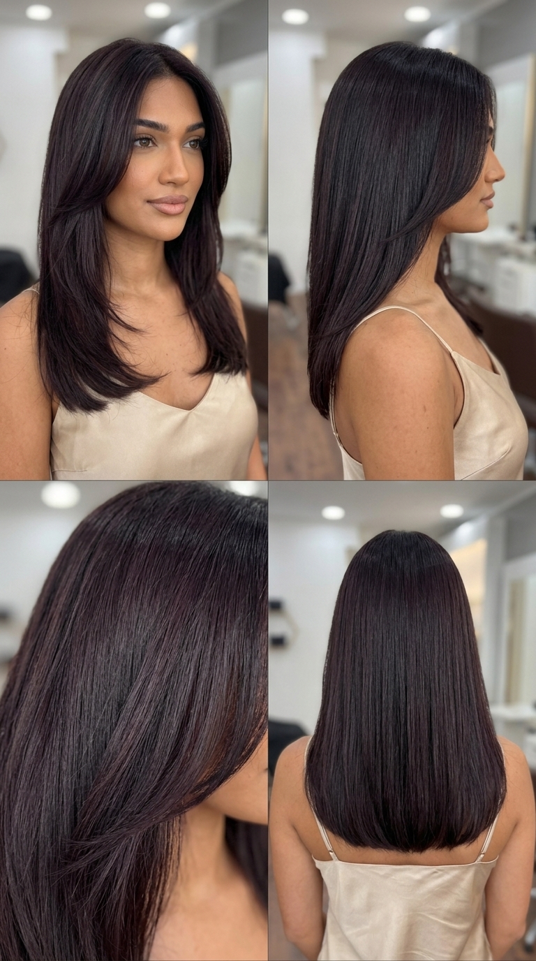 shoulder-length black plum solid all-over with blunt midi cut, bold and sophisticated