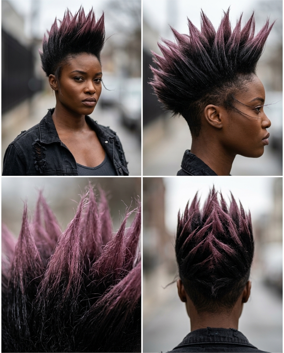 very short black spiky pixie mohawk with muted mauve accents for cute summer hairstyle black women 2026