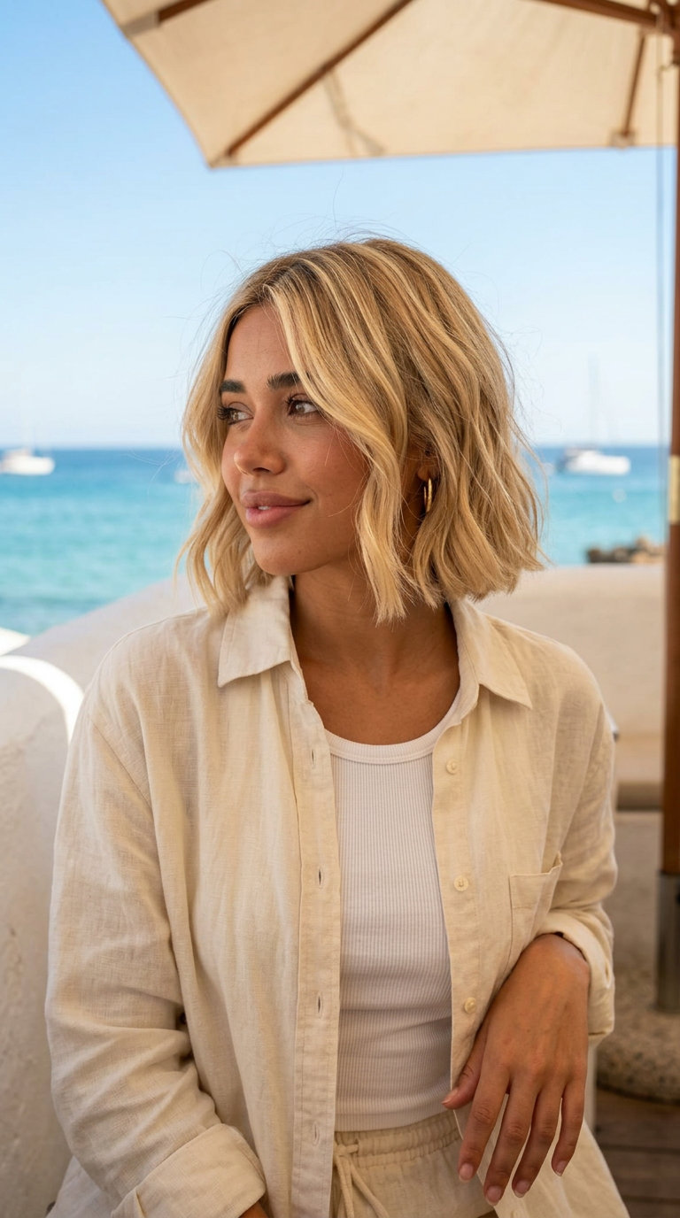 chin-length layered bob with buttercream blonde, vanilla babylights, soft root for weekend