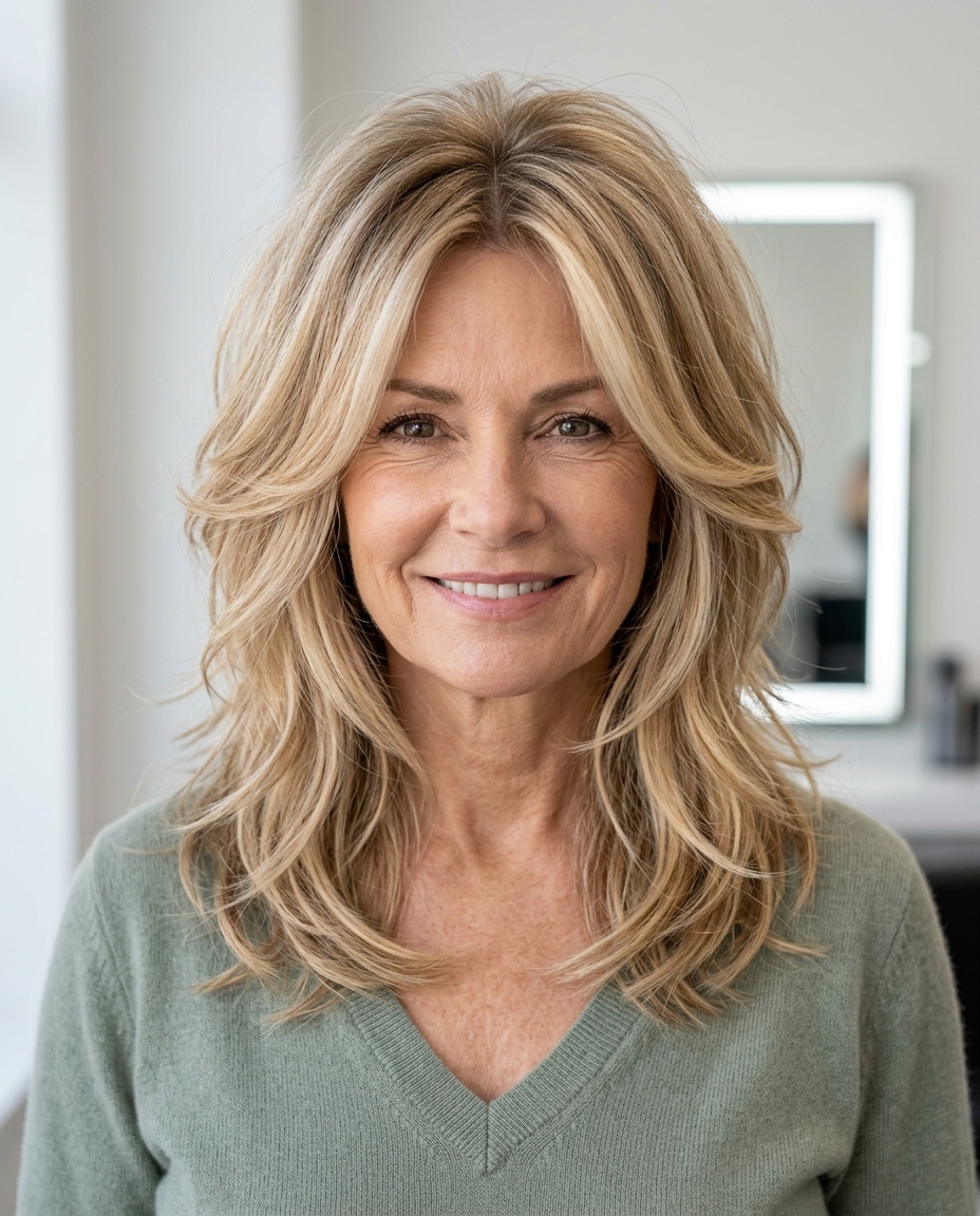 shoulder-length blonde shag haircut with honey lowlights and root smudge