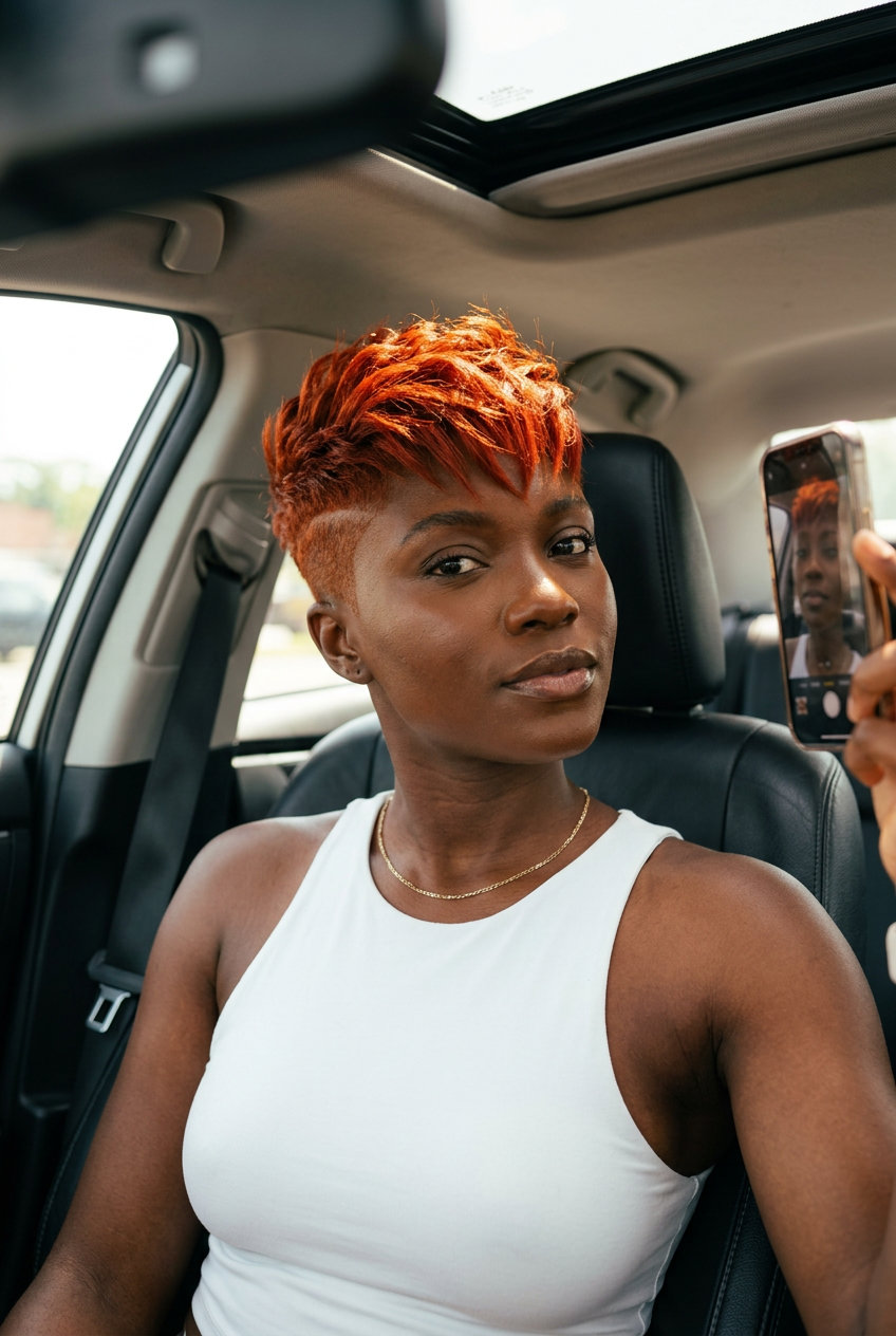 short blood orange auburn clipper fade with textured top
