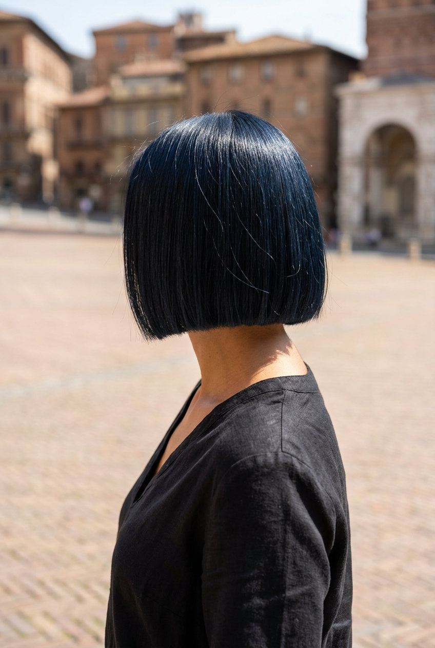 chin-length Italian bob haircut with deep blue-black color, ultra-blunt perimeter — edgy, mysterious