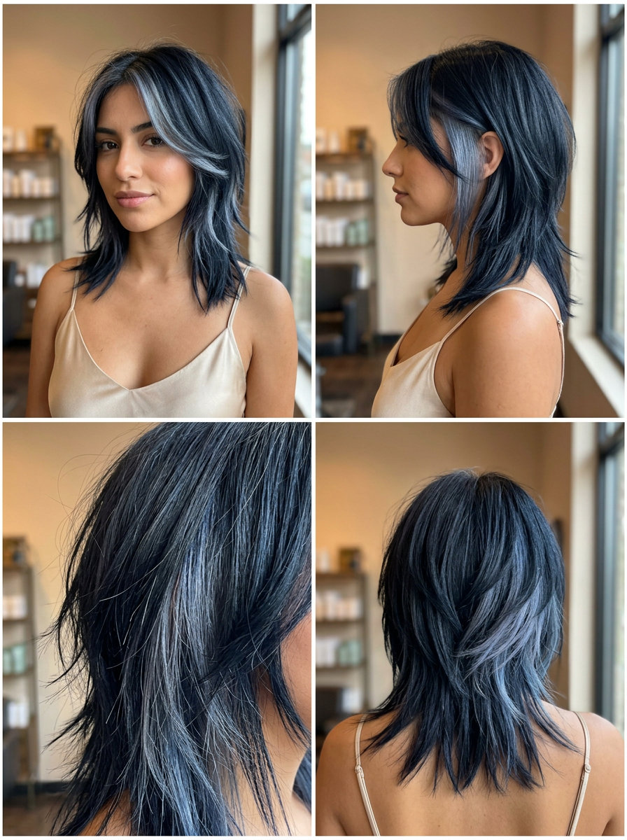 Summer Wolf Cut 2026: Edgy Blue-Black Peekaboo medium blue-black wolf cut with silver-blue peekaboo and choppy layers for summer