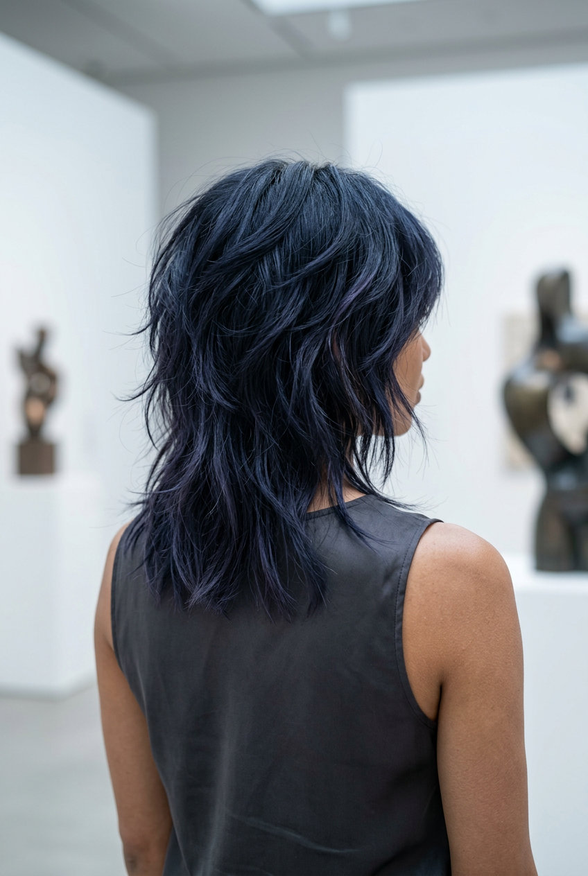 Summer Wolf Cut 2026: Midnight Wave Chic medium blue-black wolf cut with violet undertones and razored layers for summer
