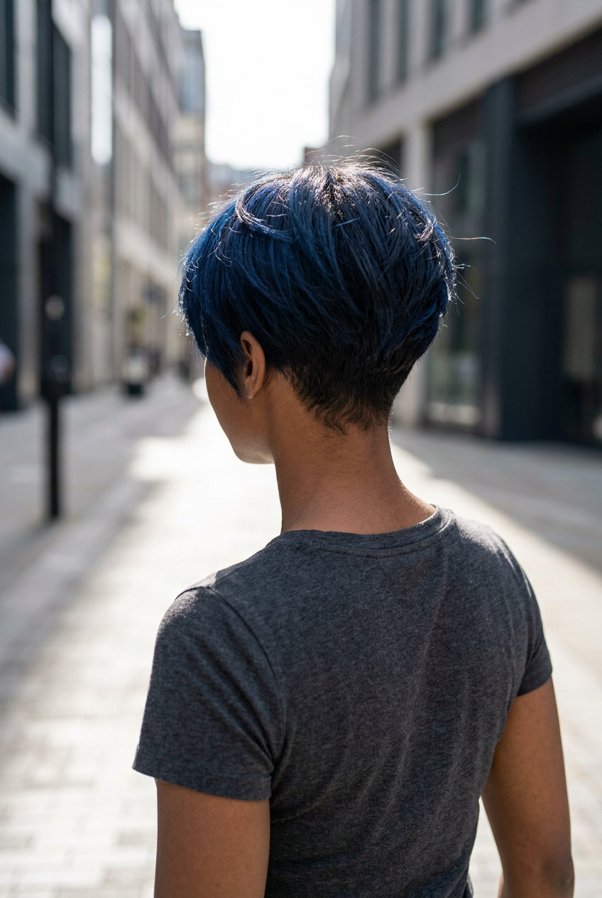 short blue-black pixie haircut with true black dip-dye, textured layers, edgy mood