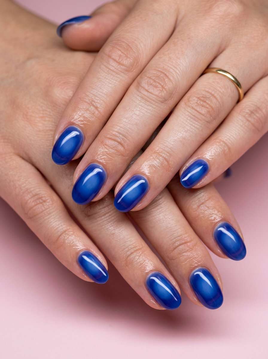 Blueberry Jelly Aura Glow nails for summer fruits nail art 2026. Sultry, bold, and mysterious deep blue jelly with a lighter blue aura.