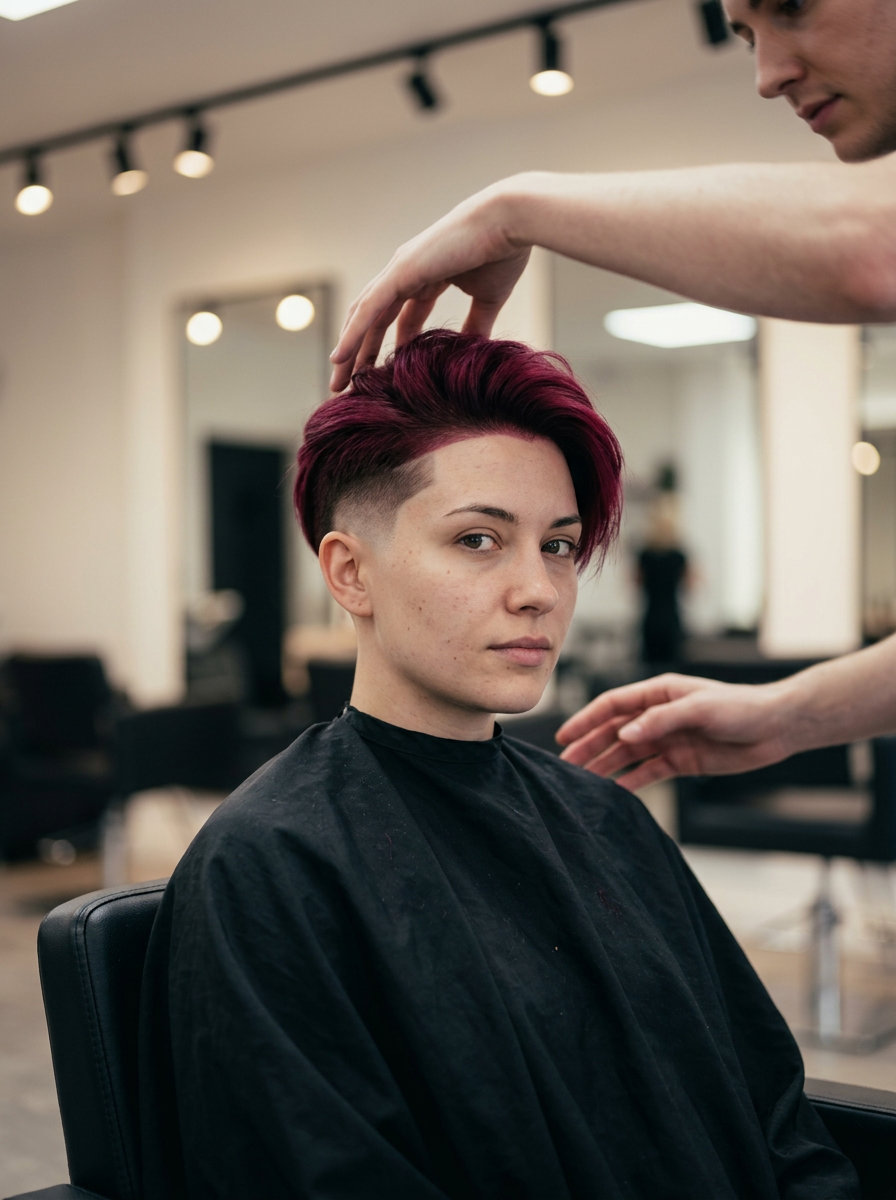 short bold burgundy fade haircut with textured top, no fringe — edgy summer style