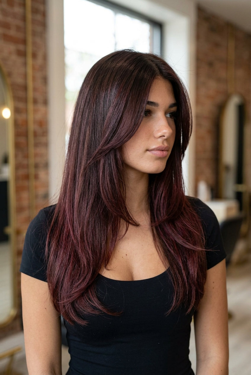 long bordeaux balayage layers with chocolate brunette base and wine tones for summer