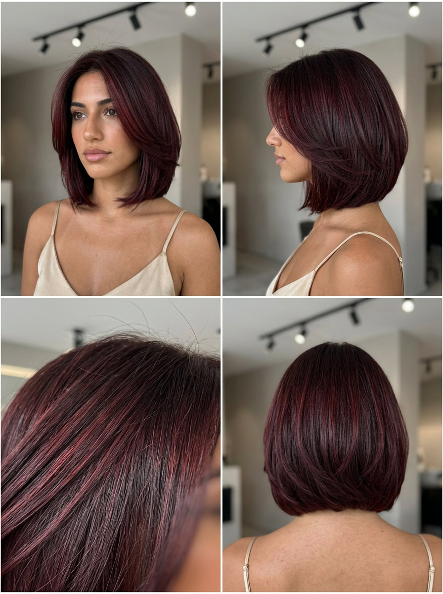 shoulder-length bordeaux layered bob with subtle crimson babylights, no fringe — elegant summer style
