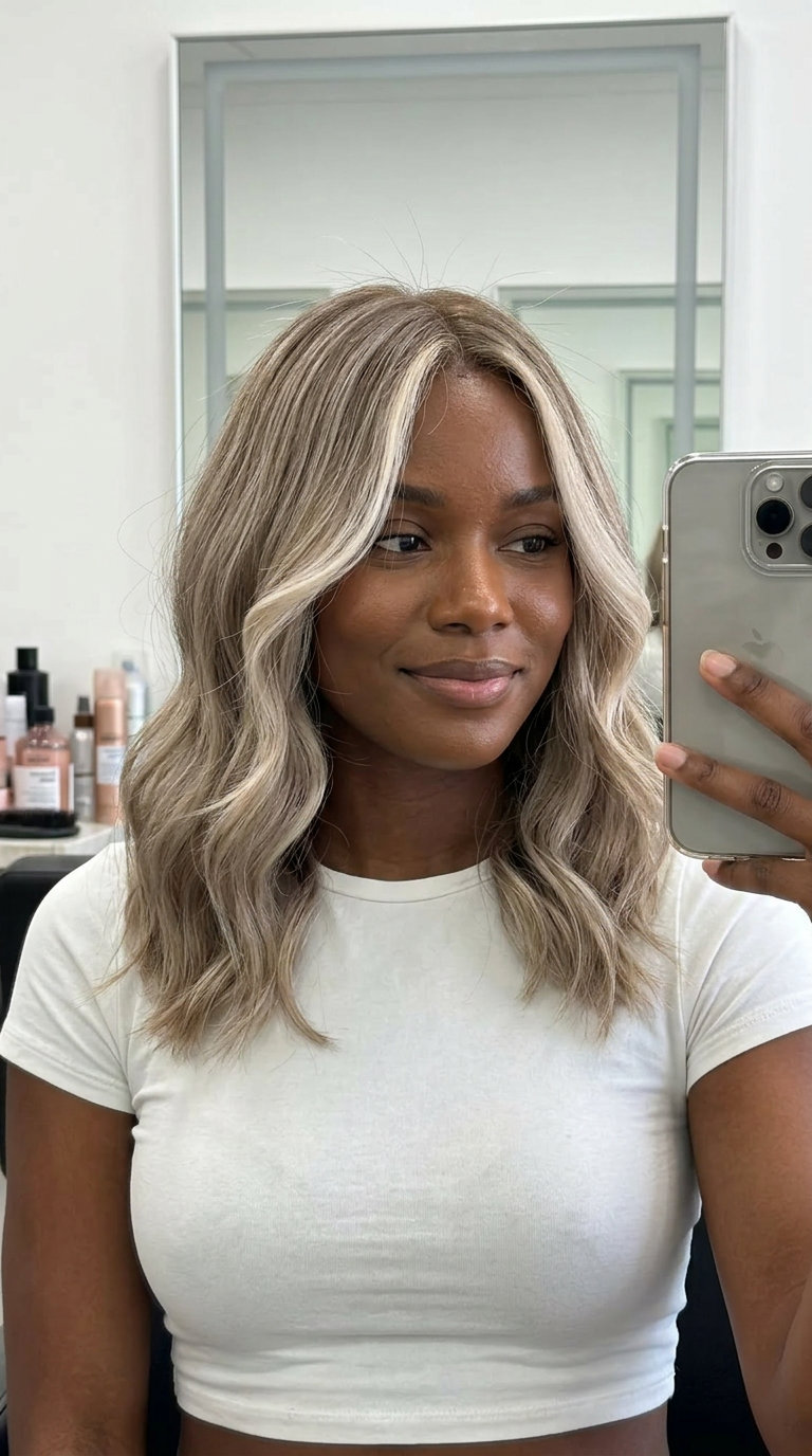 Illuminating Ash Blonde Face-Frame 2026 long ash blonde face-framing with bright highlights, natural base, curtain bangs — playful