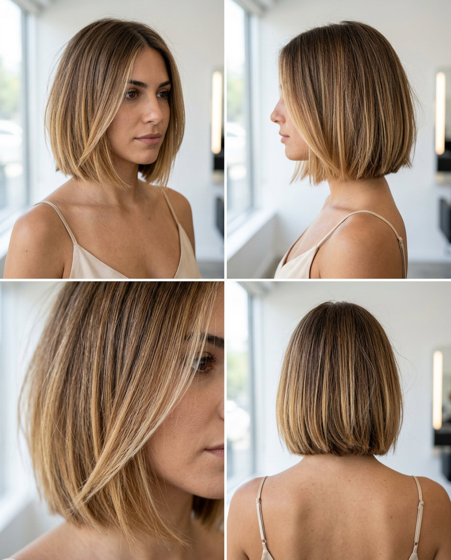 chin-length blunt bob with bronde ombré, soft texture, natural — daily wear