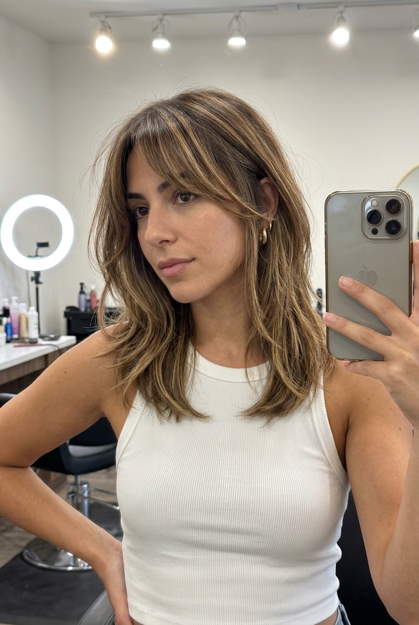 collarbone-length shag haircut in bronde with golden highlights, bottleneck bangs, internal layers — lived-in shag 2026