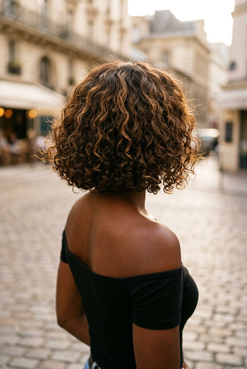 short bob haircut in natural brunette with caramel balayage, point-cut perimeter for curl definition — romantic and natural
