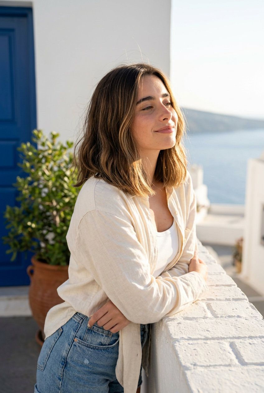 collarbone-length lob haircut with natural brunette, caramel babylights and blunt ends for summer