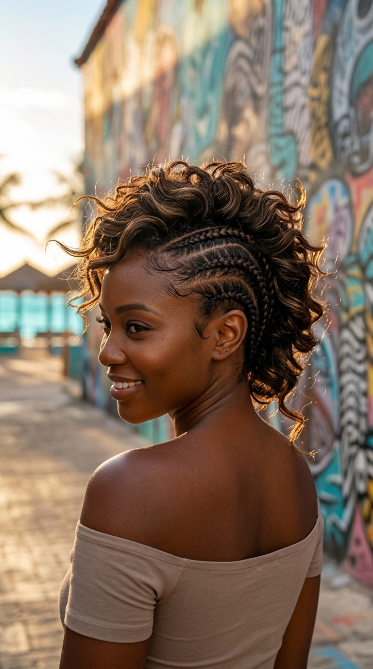 Boho Summer Braided Mohawk Hairstyle 2026 long wavy braided mohawk hairstyle with brunette, cornrow braids, and voluminous waves for music festivals