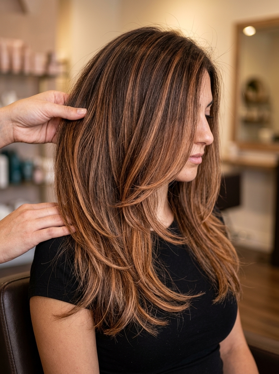 long layered balayage with toasted praline, AirTouch technique, no bangs — natural chic vibe