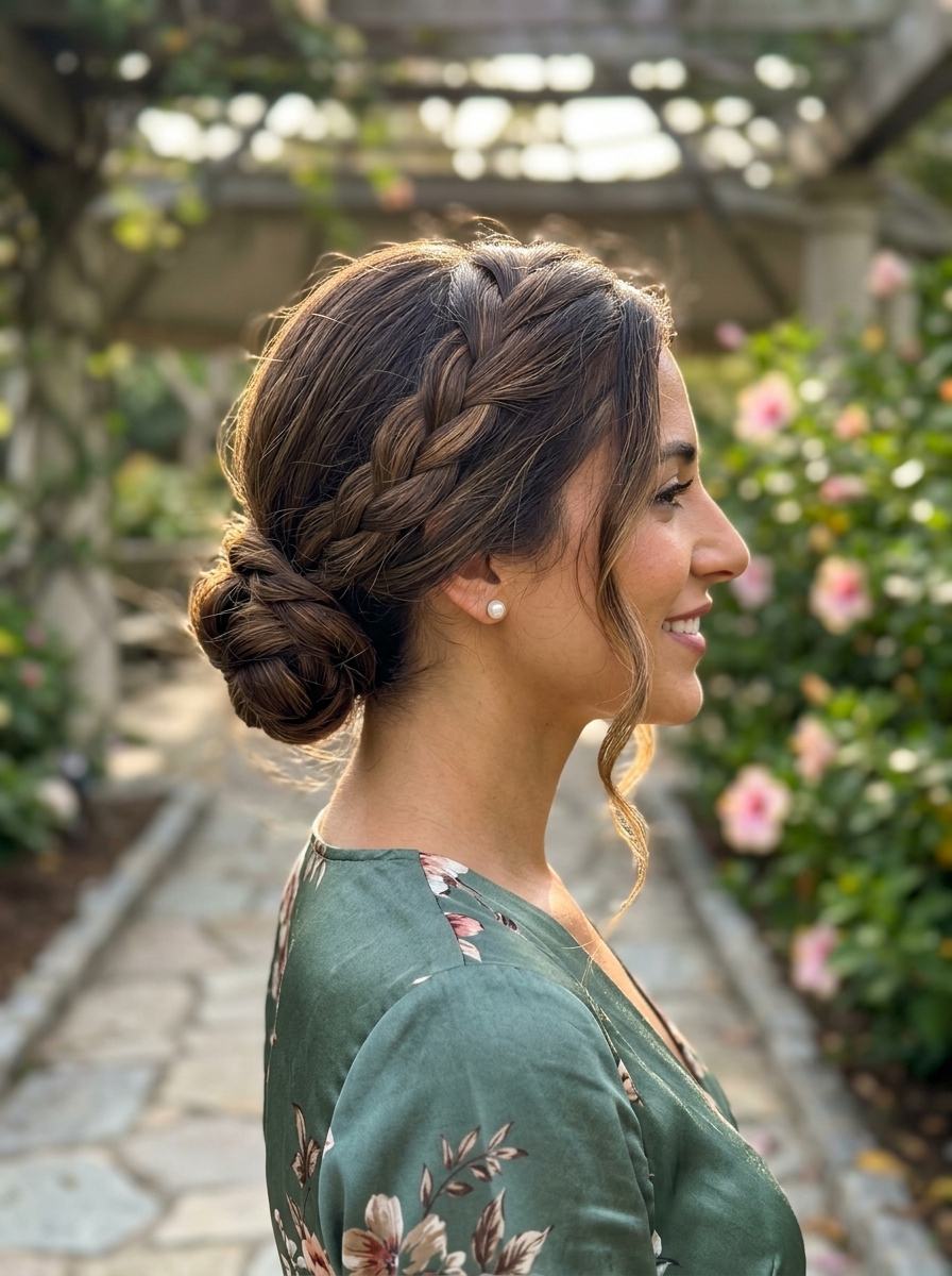 Boho Summer Wavy Hairstyle 2026: Braided Nape Knot long wavy hairstyle with natural brunette highlights, braided nape knot, face-framing tendrils — date night