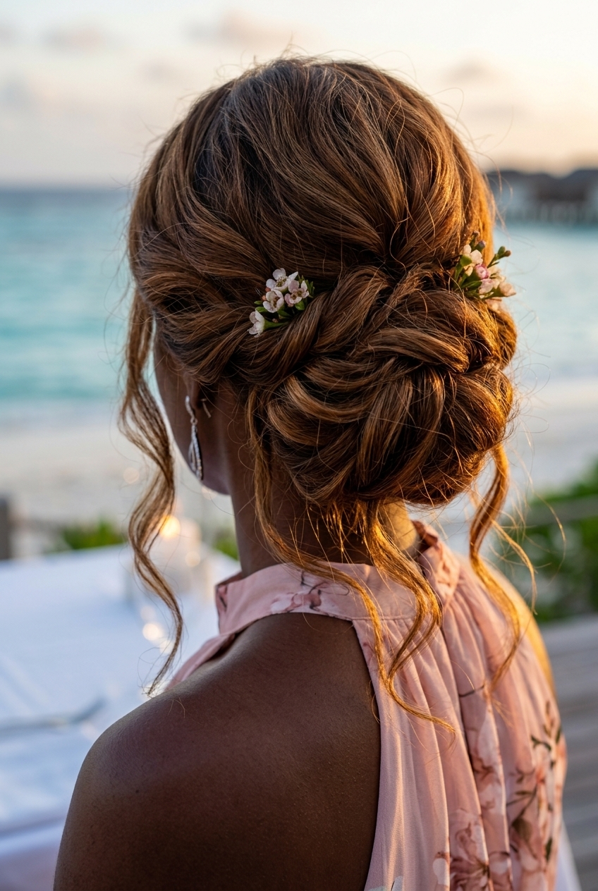 Boho Summer Wavy Hairstyle 2026: Floral Updo long wavy hairstyle with natural brunette color, sculpted waves, floral accents — summer wedding guest