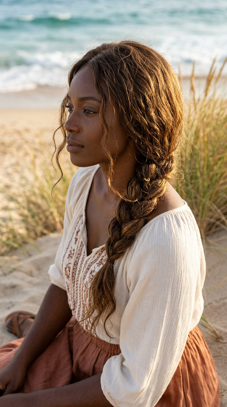 Boho Summer Wavy Hairstyle 2026: Side Braid long wavy hairstyle with sun-kissed brunette color, loose braid, face-framing pieces — festival