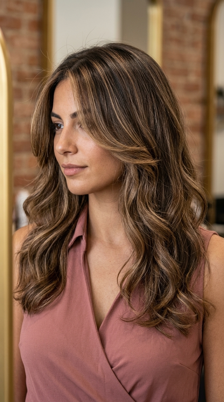 medium butterfly haircut in brunette with blonde babylights, chin-length face-framing layers — romantic ethereal waves