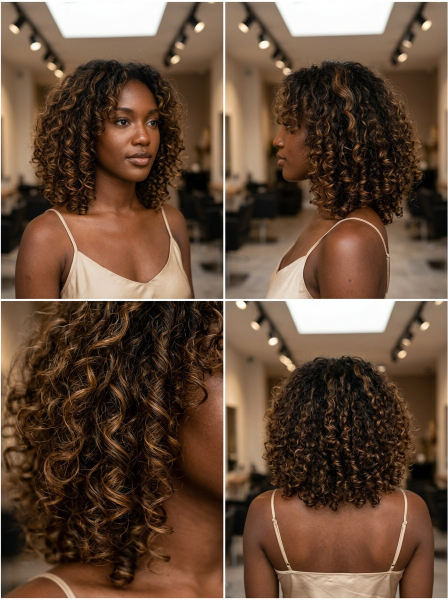 medium cloud curl cut in brunette with caramel highlights, dry-cut face-framing layers — natural voluminous curls