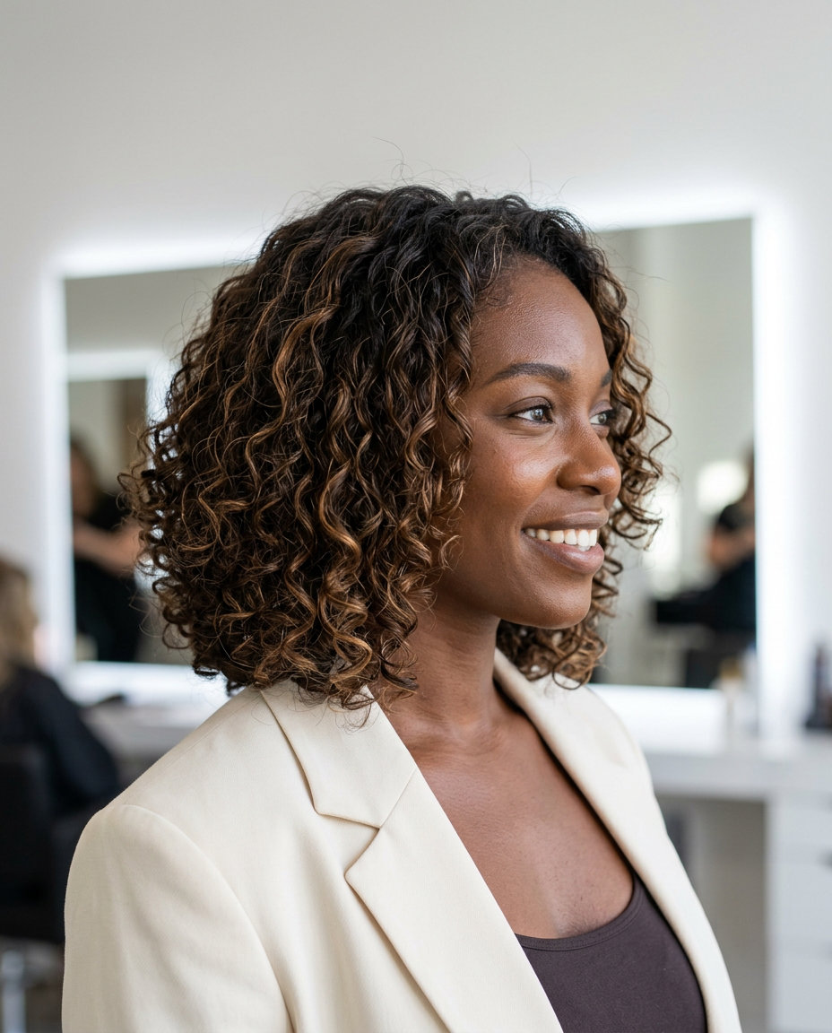 medium Cloud Curl Cut with deep brunette & caramel ribbons, dry-cut shaping for volume — bold, natural