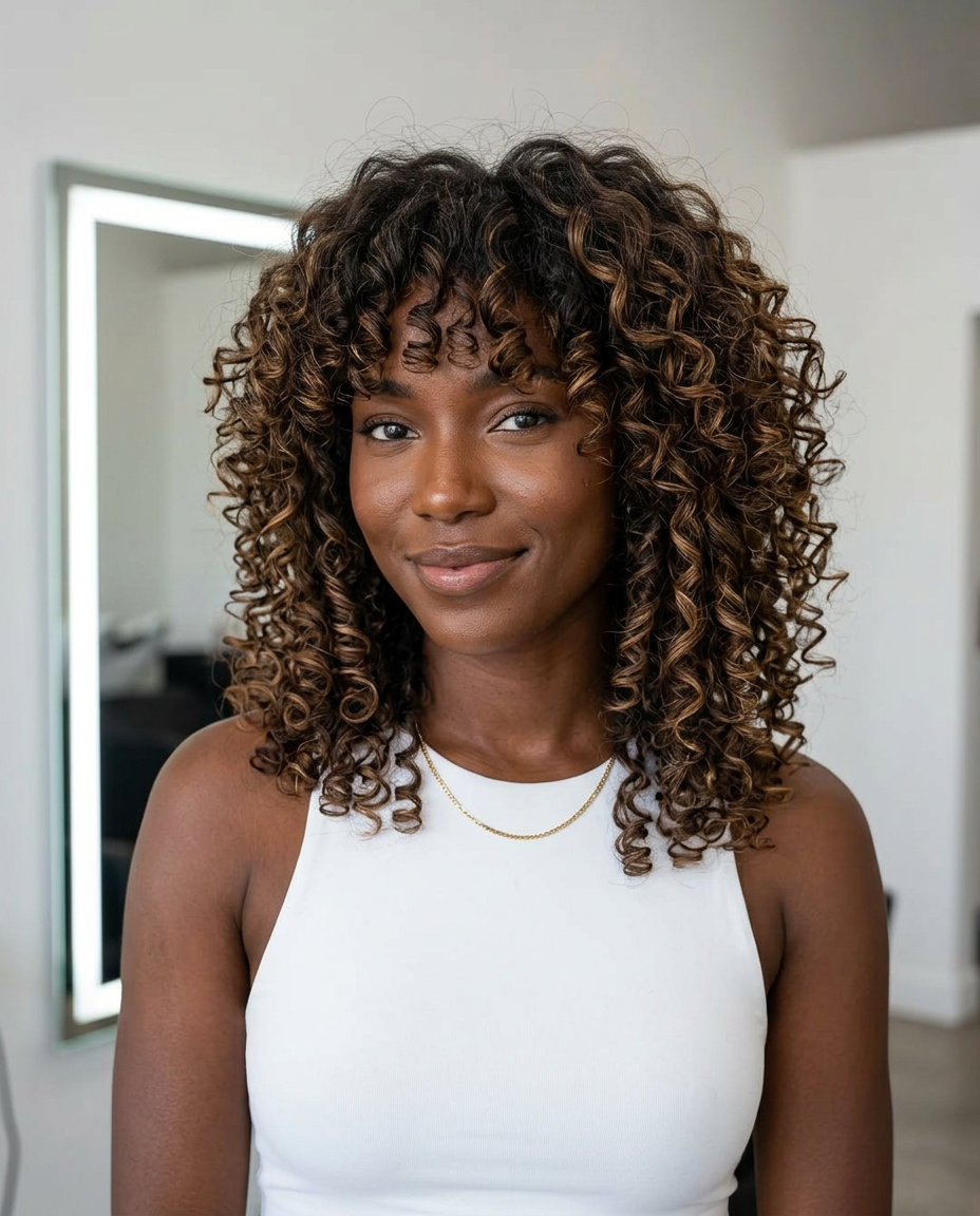 medium-length curly shag haircut in deep cold brew brunette with caramel highlights and curly fringe for textured look