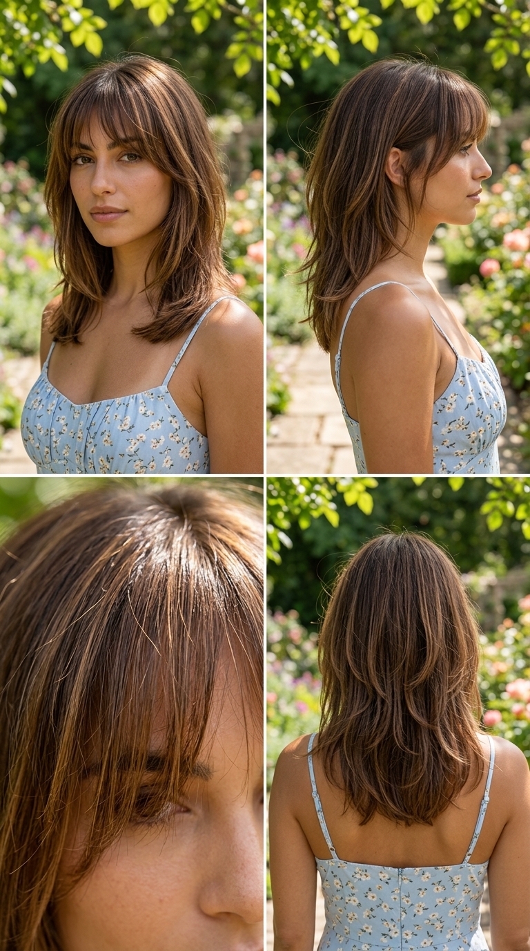 medium layered cut with natural brunette, warm caramel babylights, Birkin bangs for brunch