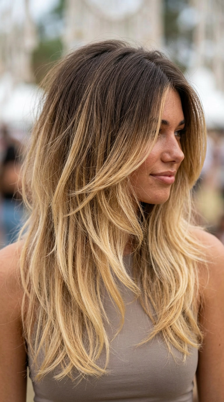 waist-length shag haircut in warm brunette to platinum ombré with curtain fringe for festival style