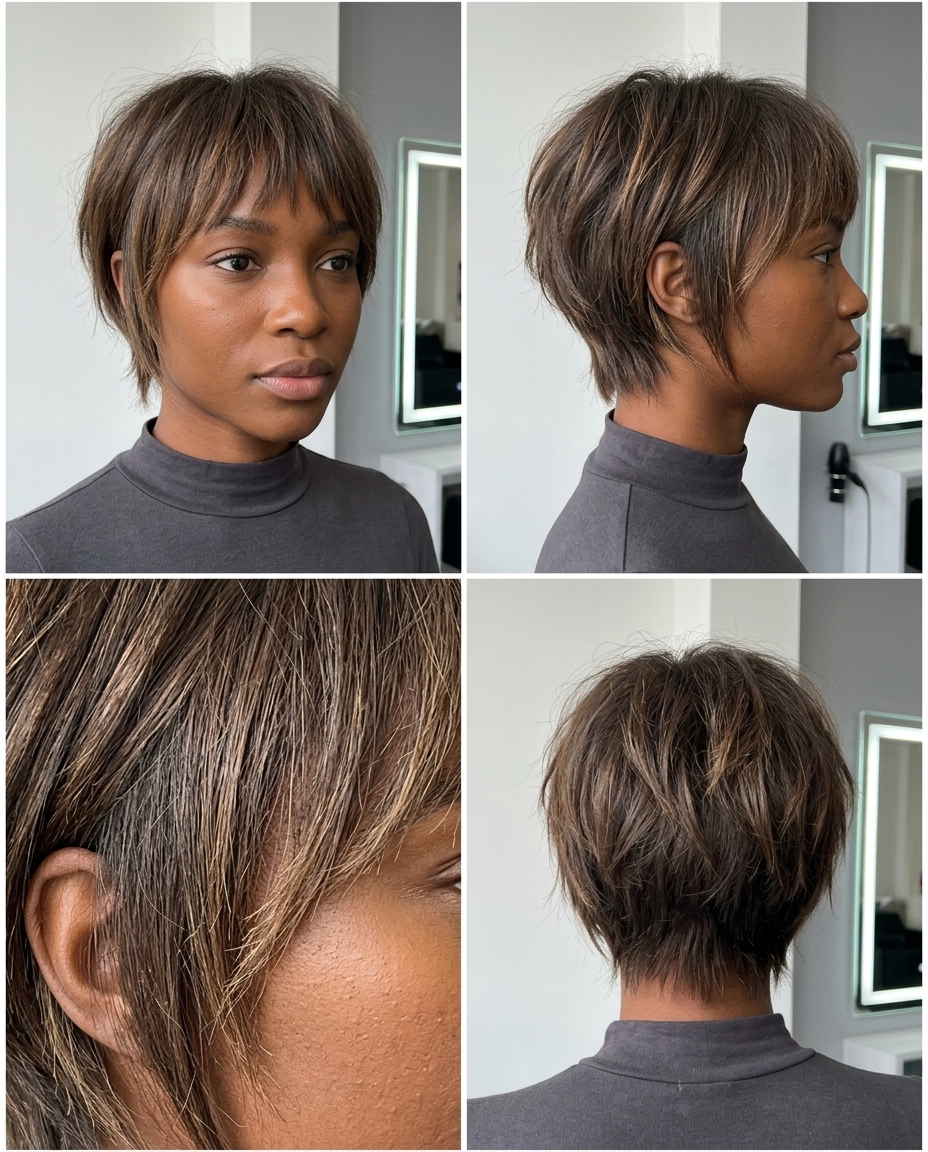 short lived-in brunette bixie haircut with sun-kissed highlights, razored texture and piecey fringe for an edgy look