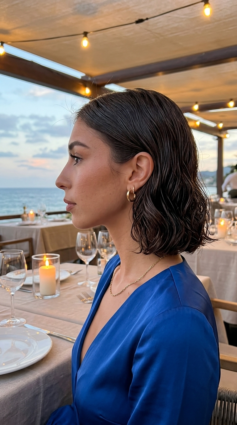 Hydro-Textured Bob Hairstyles 2026 short wavy hairstyles with deep brunette, hydro-textured bob, no fringe — sophisticated modern luxe