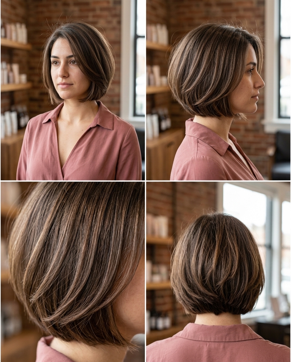 short french bob haircut in dimensional brunette with mocha lowlights for an effortless look