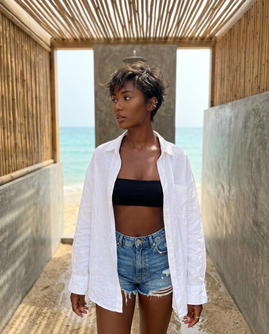 short cool natural brunette pixie haircut with textured layers, no fringe — edgy, effortless summer look
