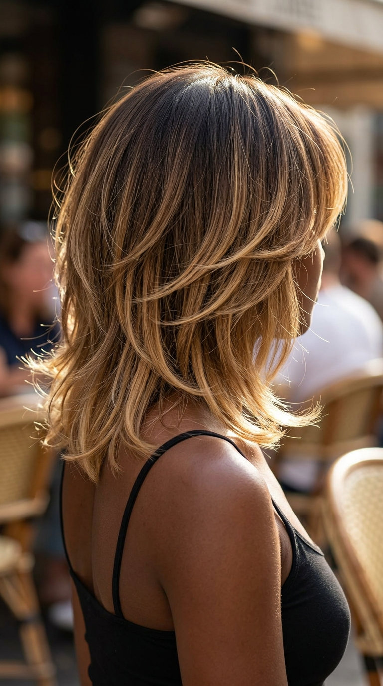 collarbone-length brunette to blonde ombré shag with curtain bangs for summer
