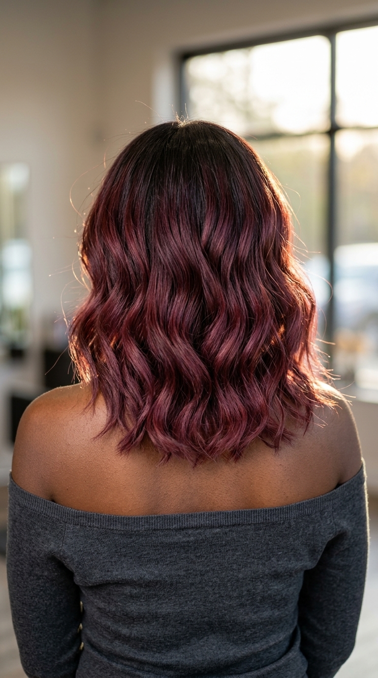 long burgundy ombré waves with deep brunette roots and berry ends for summer
