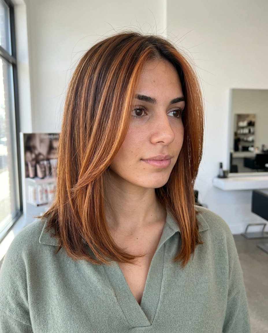 long burnt honey brown hair with coppery-auburn face-framing, balayage, vibrant mood