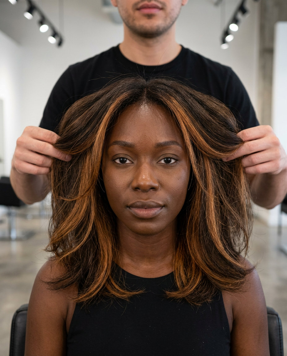 long deep brunette hair with burnt honey peekaboo underneath, balayage, surprising mood