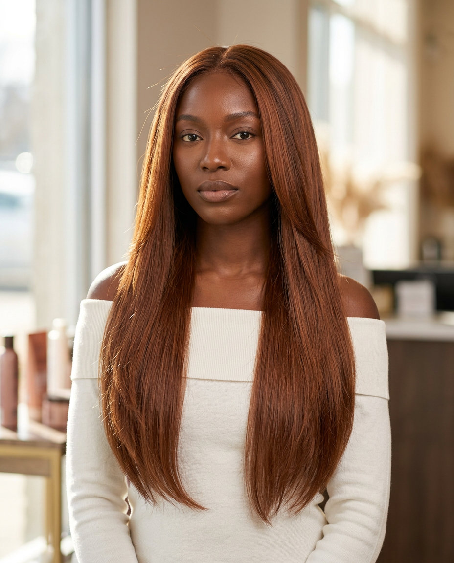 long auburn hair with subtle layers and a classic French twist for elegant formal events